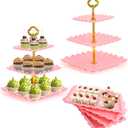 6 Pcs Dessert Table Display Set - 2 X Cupcake Stand Holder/Cup Cake Tier Tower & 4 X Serving Tray Combo for Tea Party, Birthday, Baby Shower (Square Pink)