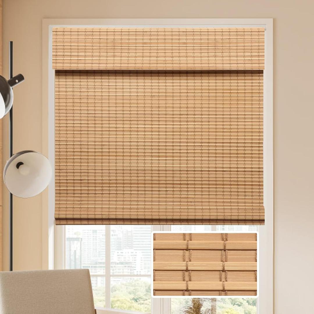 LUCKUP Cordless Bamboo Roman Blinds Shades for Indoor Windows-Blackout Room Darkening Roman Blinds with 6" Valance Cover Enhanced Privacy, 42" W x 64" H