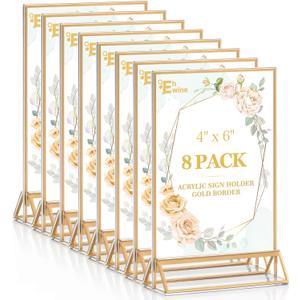 EHWINE 8 Pack 46 Clear Acrylic Sign Holder with Gold Borders and Vertical Stand, Double Sided Table Menu Holders Picture Frames for Wedding Table Numbers, Restaurant Signs, Photos and Art Display