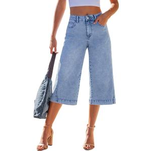 GRAPENT Capri Jeans for Women Wide Leg Trendy High Waisted Side Seam Stretchy Denim Capris Pants Summer Casual Jeans (Blue), X-Large