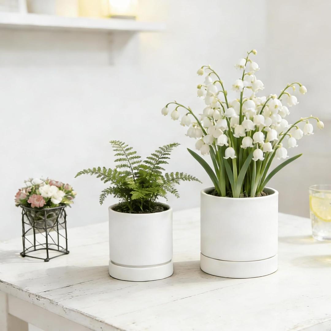 GreenShip Planter Set of 2 ( 4.7in+6in ) – Cylinder Planters with Drainage Hole and Planter Saucer, Jun Porcelain Clay & Recycled Resin, Decorate Home, Office & Outdoor, White