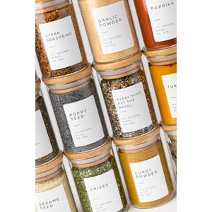 Bloomondo Empty Spice Jars with Label Pack (12x Bamboo Lid Glass Jar). Small 6oz Spice Storage Bottles with 112 Printed Stickers and 48 Writable Pantry Labels for Seasoning Containers