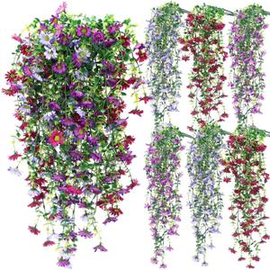 6 Pcs Spring Artificial Hanging Flowers Outdoor Faux Silk Mum Plant Decor Violet with Eucalyptus Realistic UV Resistant Trailing Vine Spring Porch Yard(Elegant Color,Chamomile)