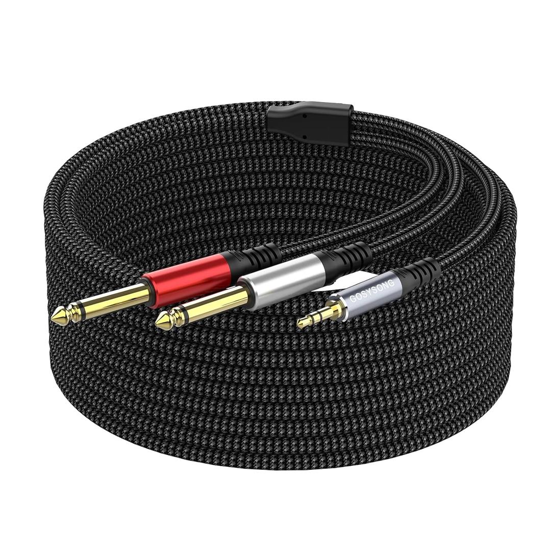 3.5mm 1/ 8 Stereo to Dual 1/ 4 TS Mono Y Splitter Audio Cable Adapter Compatible with iPhone, PC, Computer Sound Card, Mixer, Multimedia Speaker, Home Stereo System 25FT