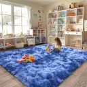 Extra Large 9x12 Feet Fuzzy Rug Fluffy Rug for Living Room, Big Plush Non-Skid Shag Carpet, Soft Shaggy Purple Gray Rugs for Bedroom Indoor Modern Home Decor Tie Dye Blue