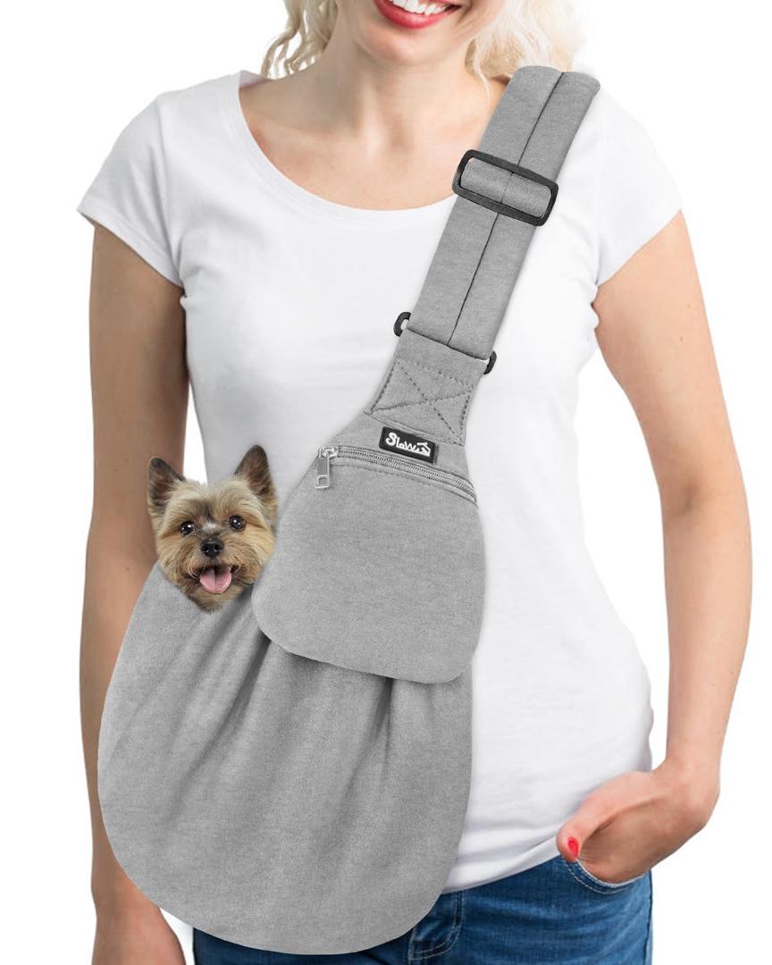 Lukovee Pet Sling, Hand Free Dog Sling Carrier Adjustable Padded Strap Tote Bag, Shoulder Bag with Safety Belt & Front Pocket for Small Dog Cat Puppy (Grey-WY,M)