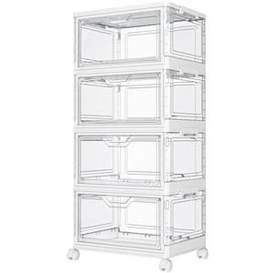 Kmiectse Clear Storage Bins with Lids - 4 Tier Plastic Bins with Wheels, Stackable Storage Bin, Closet Organizers Box for Bedroom, Living Room, 23 QT Folding Box with Magnetic door