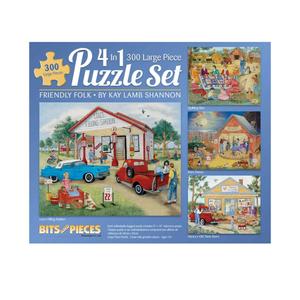 Bits and Pieces – 4-in-1 Multi-Pack 300 Piece Jigsaw Puzzles for Adults – Friendly Folk by Artist Kay Lamb Shannon, Completed Puzzle Size: 16" x 20"