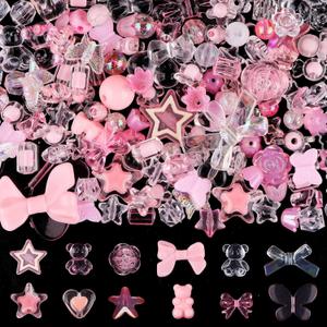 150PCS Acrylic Pastel Beads for Jewelry Making, Kalolary Colorful Bow Butterfly Flower Beads Kawaii Plastic Candy Heart Bead Cute Macaroon Aesthetic Bead for Bracelet Necklace DIY Supplies (Pink)
