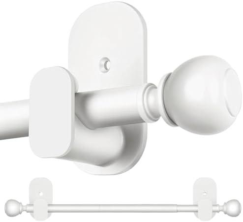 White No Drill Curtain Rods for Windows 48 to 84 Inches, USFOOK 5/8 Inch Curtain Rods No Drilling with 3M Adhesive Holders, Apartment Friendly Drapery Rod with Round Finials