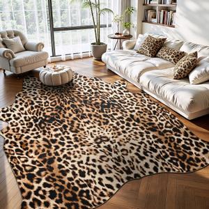 Pettop Luxury Faux Leopard Print Rug 4.6x5.2 Ft - Western Cheetah Area Rugs for Living Room, Bedroom, Farmhouse - Premium Western Faux Fur Carpet, Non-Slip Animal Hide Throw Rugs, Dark Brown