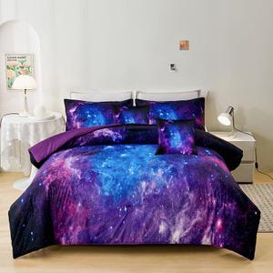 7PCS Purple Comforter Sets Queen,Girls Galaxy Comforter Queen,Girls Bed Sets Queen,Bed in a Bag with Flat Sheet and Fitted Sheet,Pillowcases,Cushion Covers for Girl,Galaxy Bedding Sets, Queen-7pcs