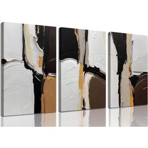 3Pcs Framed Black And White Neutral Abstract Canvas Wall Art Modern Minimalist Abstract Wall Decor Pictures Brown Black Posters Prints for Living Room Bedroom Office Home Decoration 16x24in