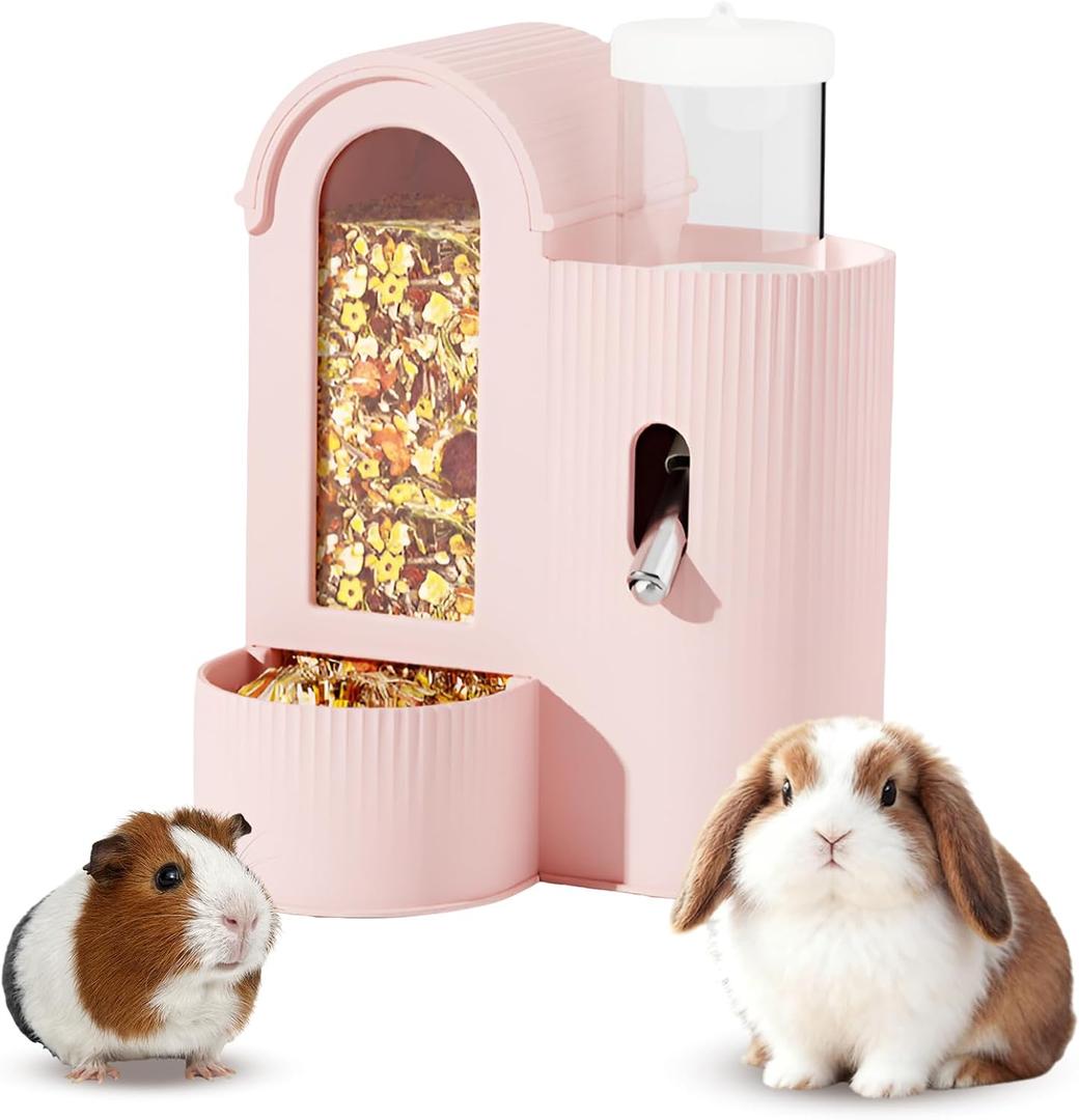 2 in 1 Rabbit Food Water Dispenser, Guinea Pig Water Bottle, Large Capacity Bunny Feeder for Cages, Automatic Bunny Feeder, for Rabbit Ferrets Guinea Pigs Small Animals (Pink, 2 in 1)