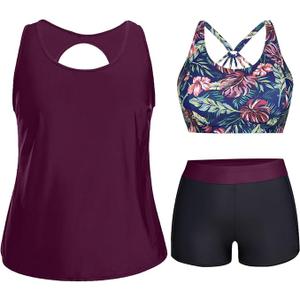 Holipick Women Plus Size 3 Piece Tankini Swimsuits Athletic Bathing Suits with Shorts XL