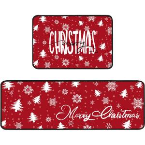 Christmas Kitchen Rugs Set of 2, Christmas Kitchen Mats Non-Slip, Winter Runner Rug and Decor Doormat for Home, Red Rug with Xmas Trees Snowflake Christmas Decor, 16"x24" and 16"x47"
