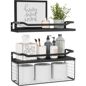 WOPITUES Floating Shelves with Wire Storage Basket, Bathroom Shelves Over Toilet with Protective Metal Guardrail, Wood Wall Shelves for Bathroom, Bedroom, Living Room, Toilet Paper-Black (15.7 inch)