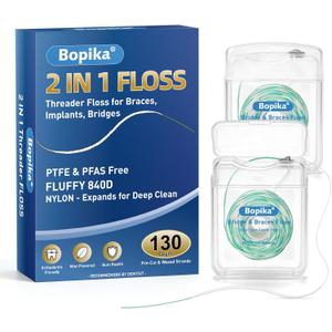 Bopika 2-in-1 Threader Floss for Braces Bridges and Implants, Expanding Fluffy Dental Floss for Wide Spaces, Light Mint Pre-Sized Segments, 130 Count (2 Packs of 65)