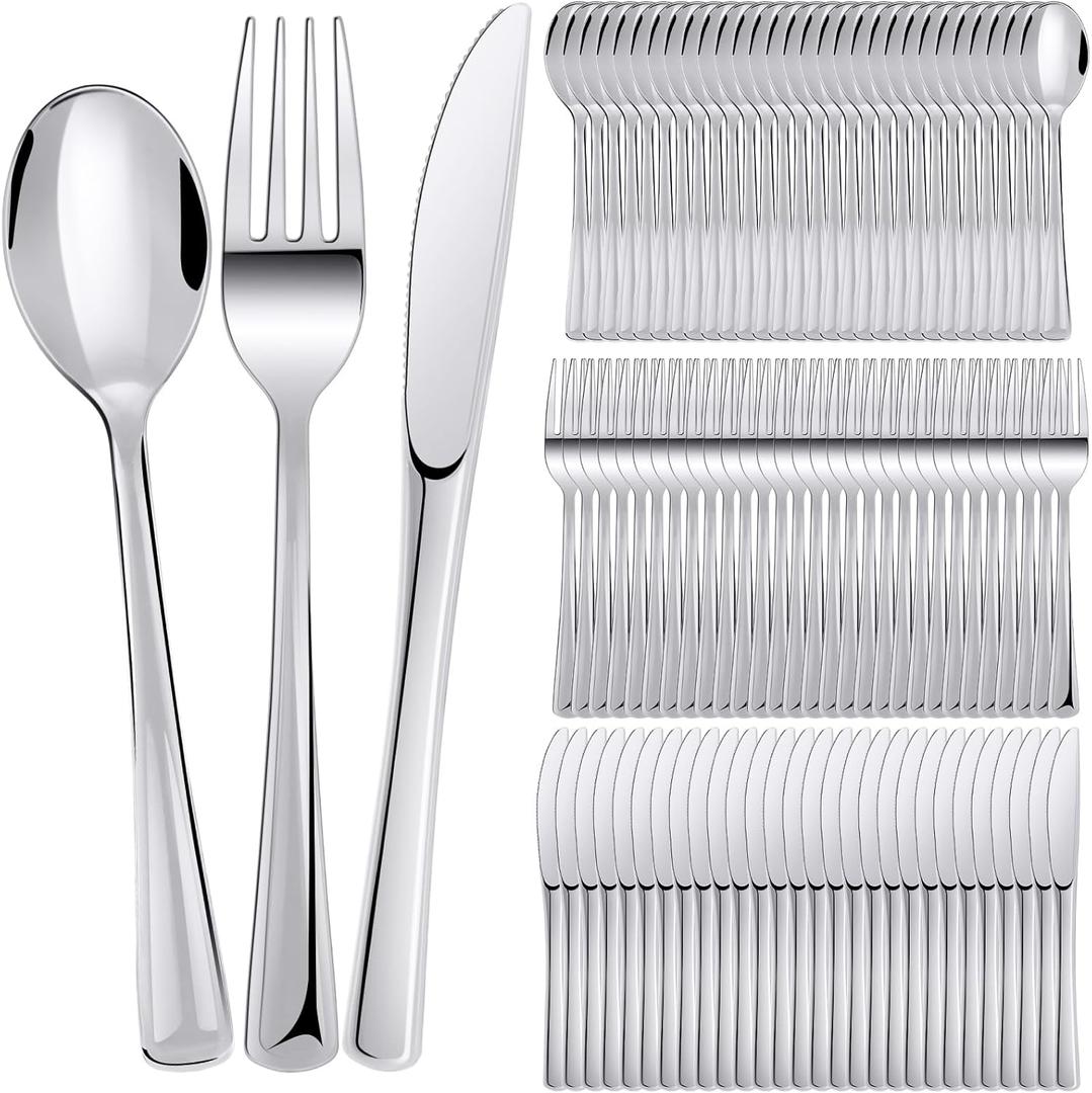 150 Pieces Disposable Cutlery Set Plastic Silverware Heavy Duty Utensil Sets 50 Forks 50 Knives 50 Spoons for Home Office School Party Picnics Restaurant Outdoor Events(Sliver)