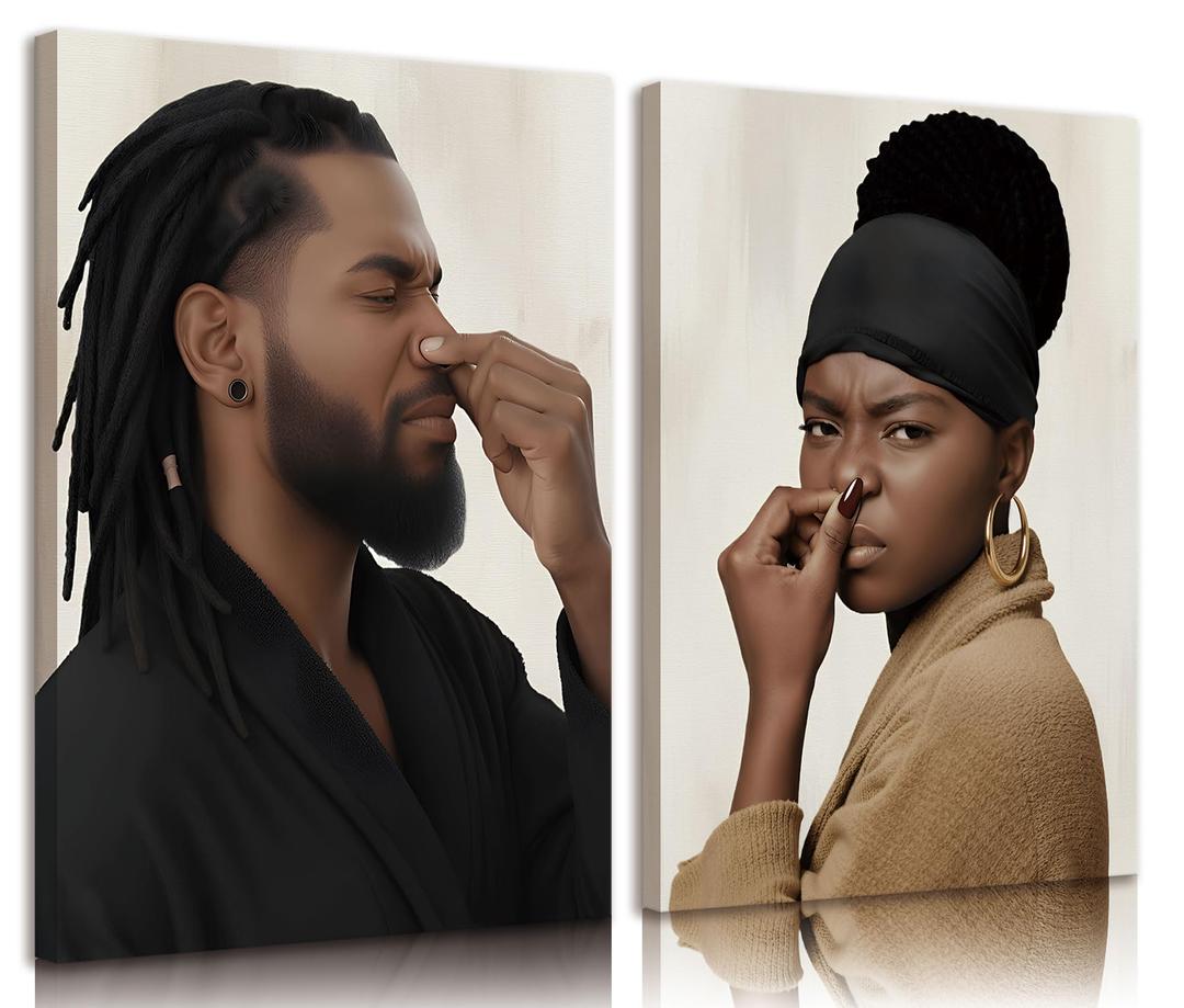 2pcs Funny Black men's and women's bathrooms Canvas Wall Art African Couple Toilet Pinch Nose Wall Decor Pictures Humour Black With A Stinky Posters Prints for Wc Bathroom Decoration Prepare to hang