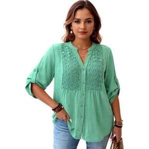 MSHING Women's Plus Solid Color Casual top 3/4 Sleeve V-Neck Hollowed Out Embroidered Button up Shirt (Green, XXXL)