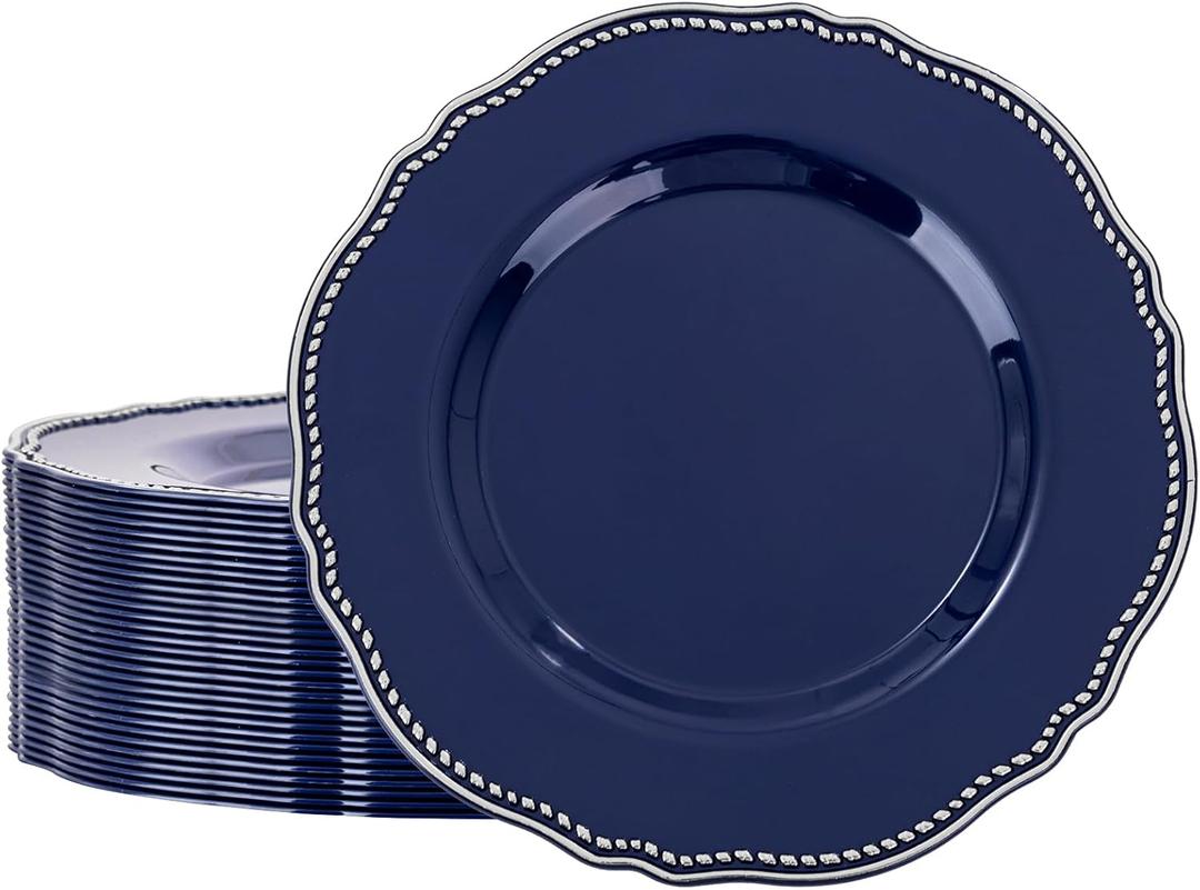 Hioasis 60pcs Blue plastic plates - Blue and Silver Disposable Plates, 10.25 inch Plastic Dinner Plates, Perfect for Wedding & Party & Holiday & Father's Day
