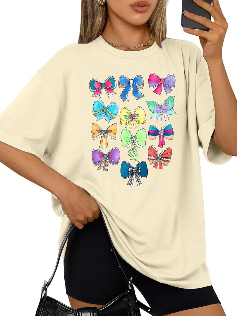 Princess Bow Shirt for Women Bow Graphic Printed T-Shirt Magic Cute Princess Shirts Asethetic Tees Summer Casual Tops (Beige, S)