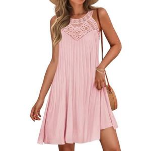 ZESICA Women's 2025 Summer Halter Chiffon Mini Dresses Sleeveless Hollow Out A Line Flowy Ruffle Beach Vacation Sundress, XL
