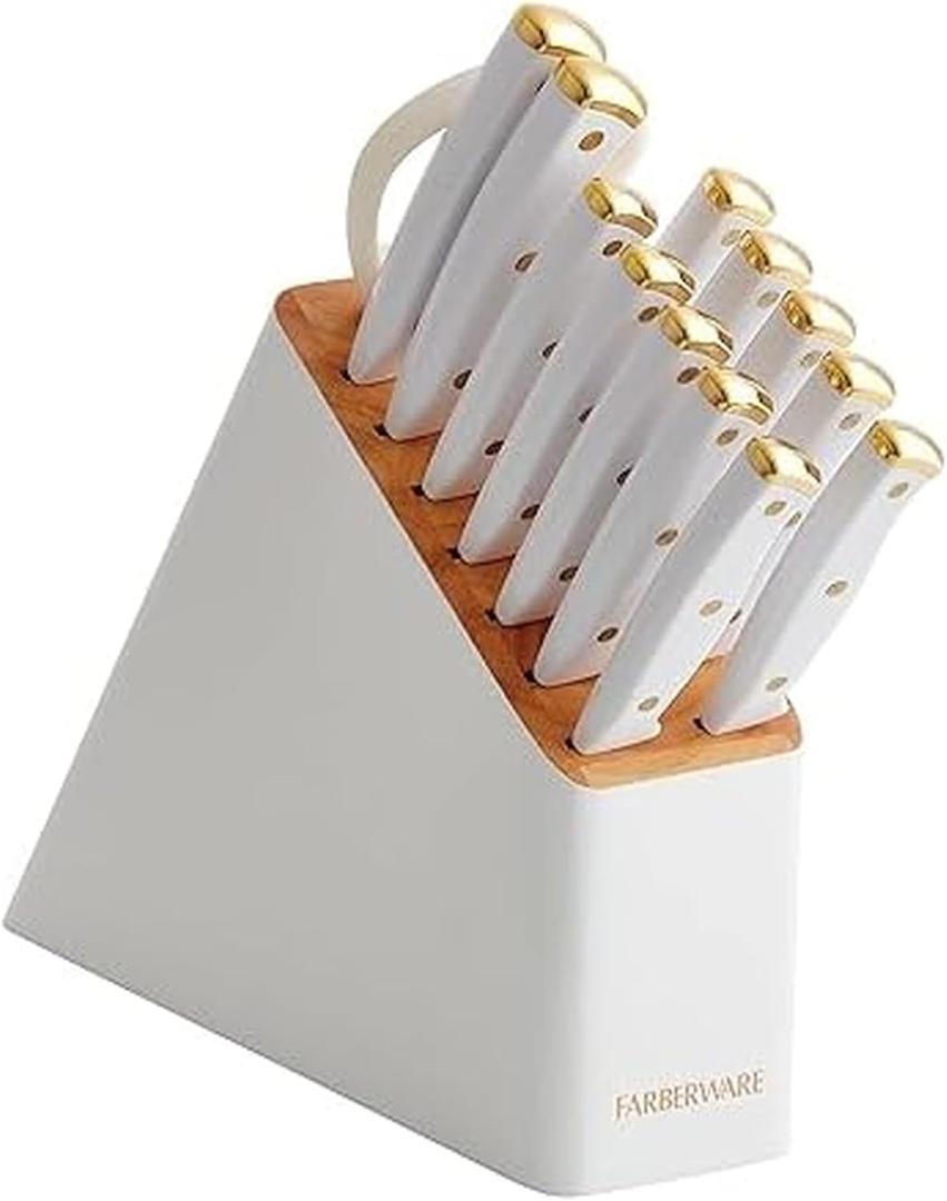 Farberware 14-Piece Knife Block Set, White and Gold  Razor-Sharp, High-Carbon Stainless Steel, Triple-Riveted, Ergonomic Handles, Stylish Wood Block