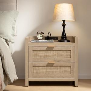 SICOTAS Rattan Nightstand Bedside Table - Night Stand with Type-C Charging Station, 2 Drawers Storage - Boho Night Stands End Table for Bedroom - Light Oak, 1 Piece