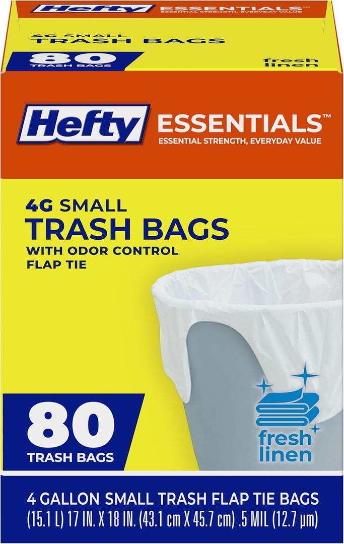 Hefty Essentials Flap Tie 4 Gallon Trash Bags, 80 Count, Small Scented Trash Bags for Bathrooms, Bedrooms, Dorm Rooms, Home Offices, and More, Fresh Linen Scent, White