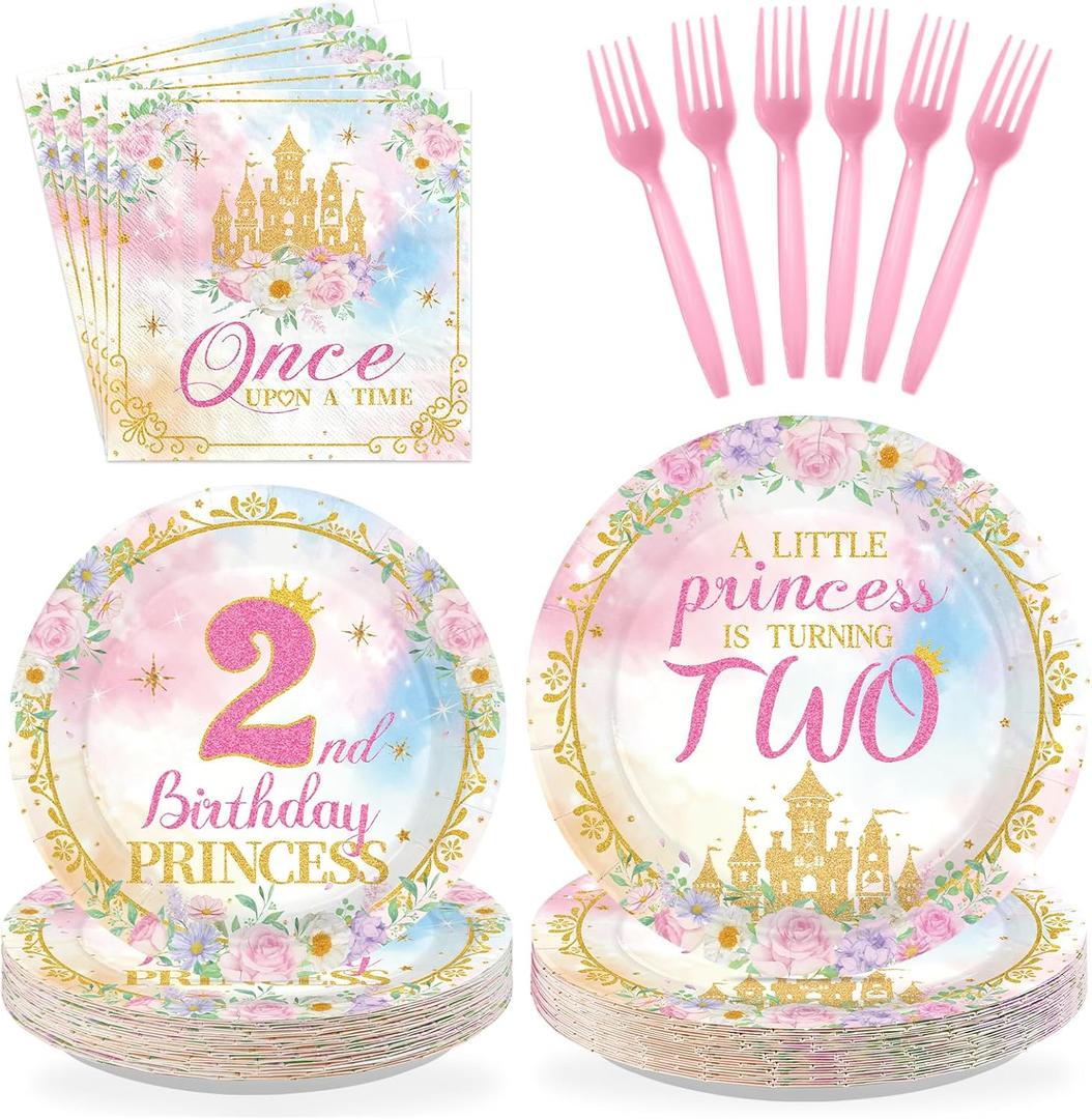 96Pcs Princess 2nd Birthday Party Decorations for Girls A Little Princess Is Turning Two Plates and Napkins Sets Pink Castle Once Upon a Time Decoration for Two Year Old Bday Party Supplies Serves 24