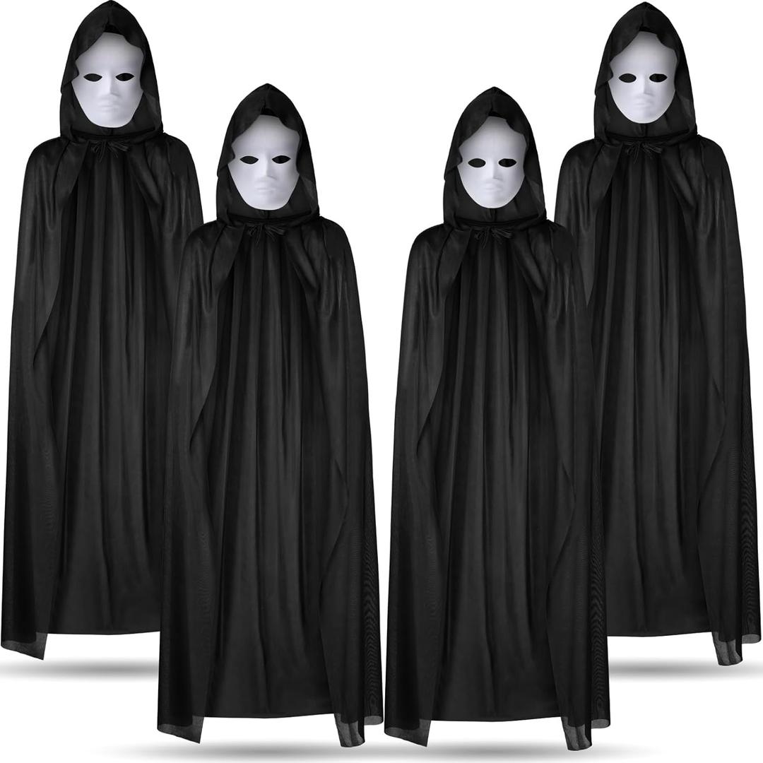 8 Pcs Black Adult Cloak Masks Sets 4 Adult Black Cloaks with Hood Unisex and 4 White Full Face Masks Invisible Cape Robe for Halloween Women Men Cosplay Costume Carnivals Party