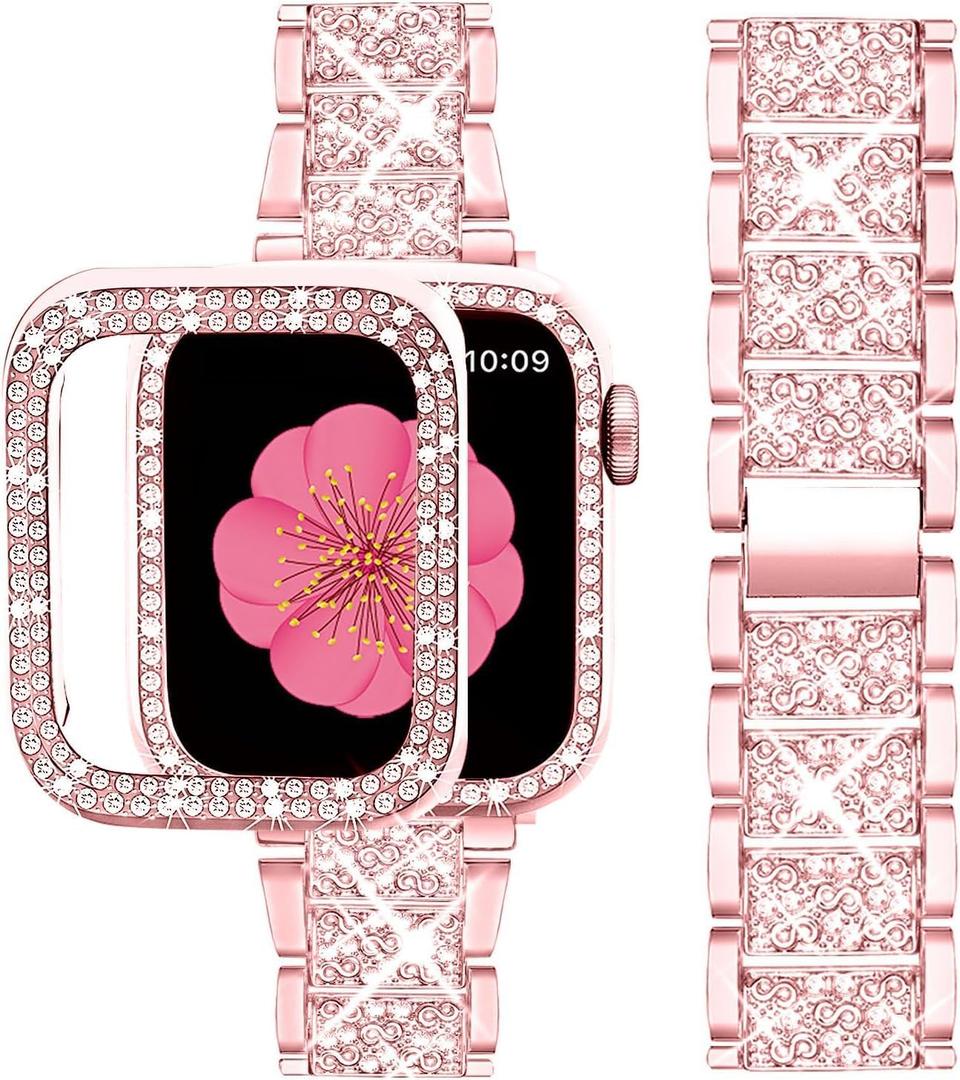 SUPOIX Compatible with Apple Watch Band S10 46mm + Case, Women Jewelry Bling Diamond Metal Bands & 2P Cover Cases for iWatch Series 10(Rose Pink,46mm) (46mm (Series 10))