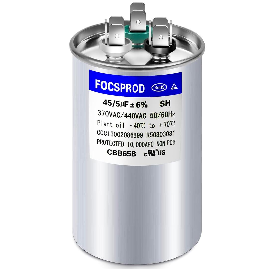 45+5 uF 45/5 MFD 6% 370V/440V CBB65 AC Capacitor, Dual Run Round Capacitor Replacement, 45 5 uF 440 Volt HVAC for AC Unit Fan Motor Start or Heat Pump or Condenser Straight Cool