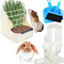 HERCOCCI Rabbit Hay Food Bin Feeder and Bunny Water Bottle Set, Hay Food Feeder Bowls Manger Rack with 500ml Hanging Water Dispenser Prevent Knock Over for Rabbit Guinea Pig Chinchilla (Large, White)