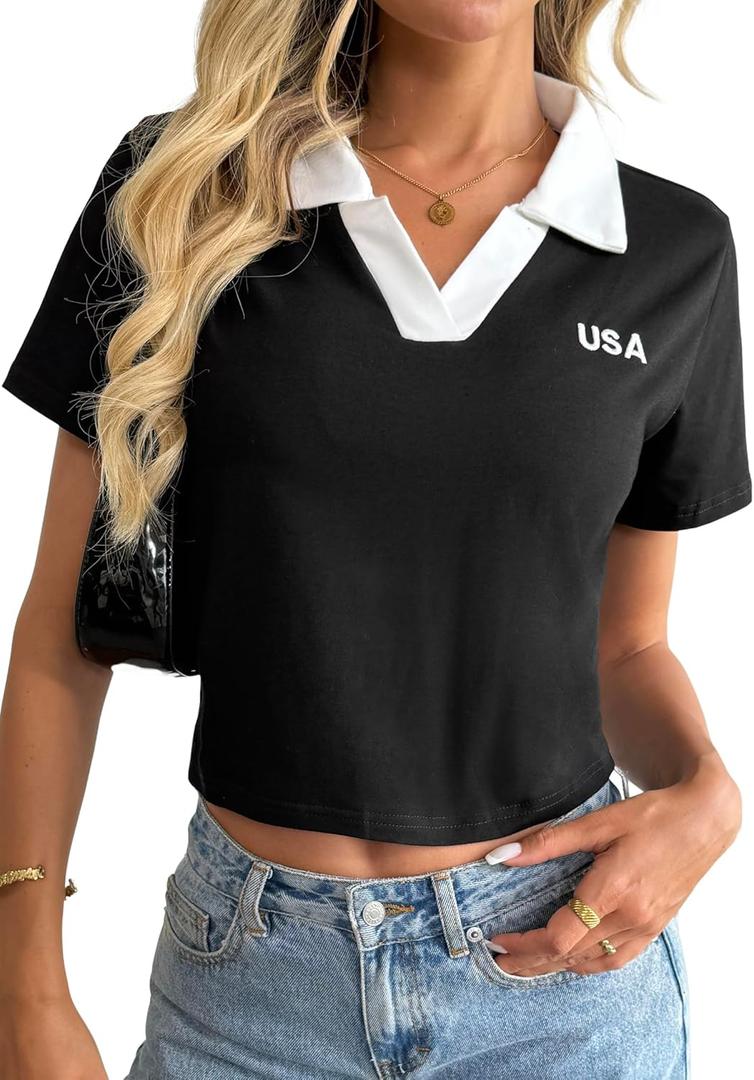 Remidoo Women V Neck T Shirts Polo Short Sleeve Crop Top Embroidered Cropped Collared Shirt Black Small
