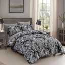 DJY Black Paisley Comforter Set Queen Size, 7 Piece Bed in a Bag Black Gray Boho Paisley Pattern Comforter Set, Soft Lightweight Microfiber Reversible Bedding Set for All Season (90''x90'')