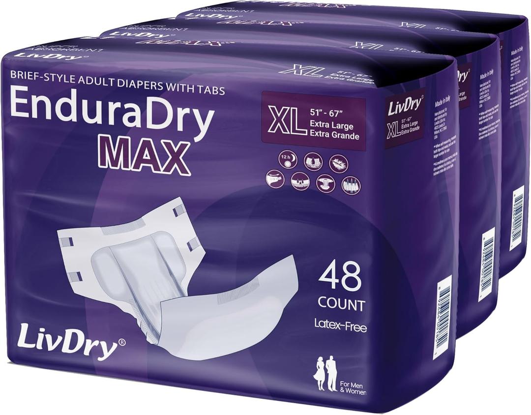 LivDry EnduraDry Max XL Adult Diapers with Tabs, Up to 12-Hours, Super Absorbent Incontinence Underwear, Leak Protection Briefs, Extra Large, 48-Pack