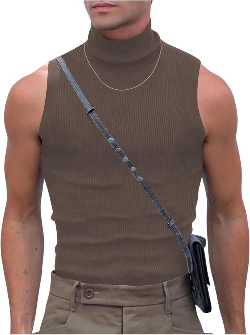 RoseSeek Men's Mock Turtleneck Tank Tops Ribbed Knit Slim Fit Sleeveless Shirts Casual Basic Tee Shirts (Brown, L)