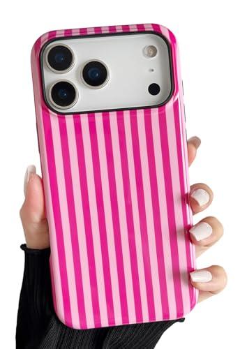 Longlayss Compatible with iPhone 17 Pro Max Case Cute Aesthetic Striped Phone Case for Women Girl Shockproof Slim TPU and Hard PC Protective Cover (Hot Pink)