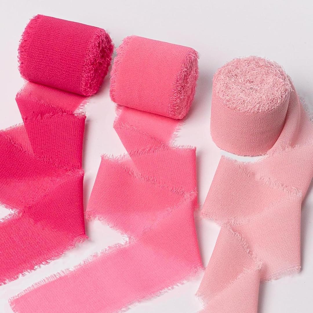 Chiffon Ribbon, Hot Pink Pastel Pink 1.5''x21Yd Frayed Fringe Silk Ribbons for Gift Wrapping, Handmade Decor, Floral Vase, Wedding, Birthday, Engagement, Bridal Shower, Mother's Day, 3 Rolls