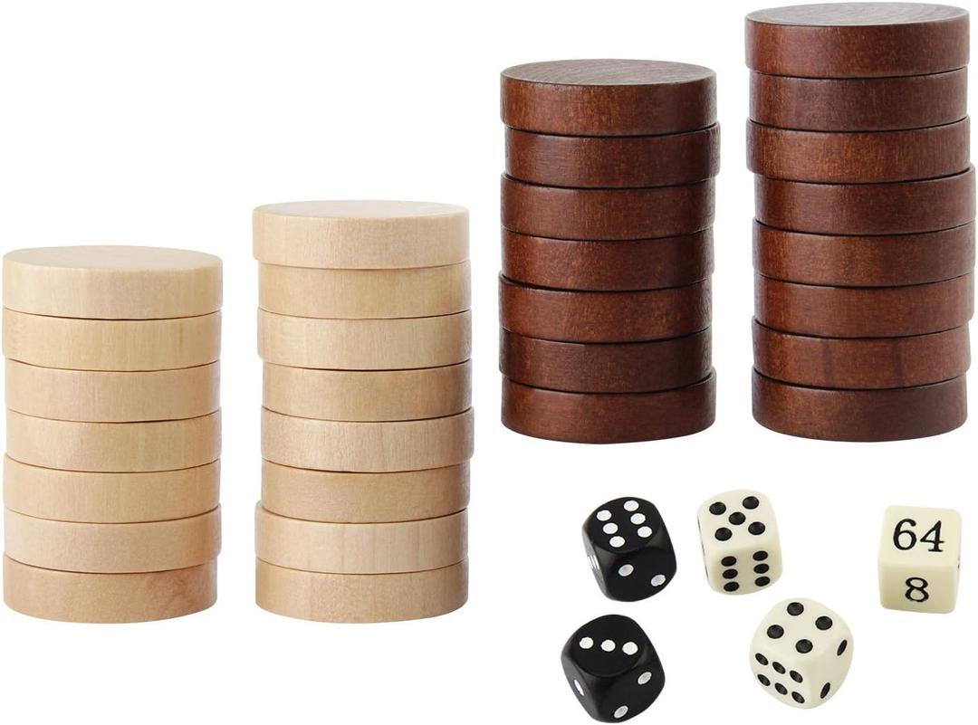 Amerous Wooden Checkers Pieces Nature Wood Backgammon Pieces with Drawstring Bag, 5 Dices Included