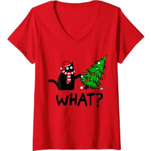 Womens Funny Black Cat Gift Pushing Christmas Tree Over Cat What? V-Neck T-Shirt, S