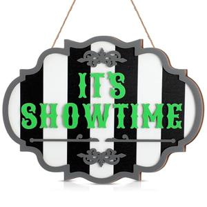 Yousoontic Halloween Door Sign Hanging Decoration It's Showtime Halloween Wooden Wall Front Door Hanging Decoration with Rope Pumpkin Showtime Fun Wall Art for Party Porch Decor
