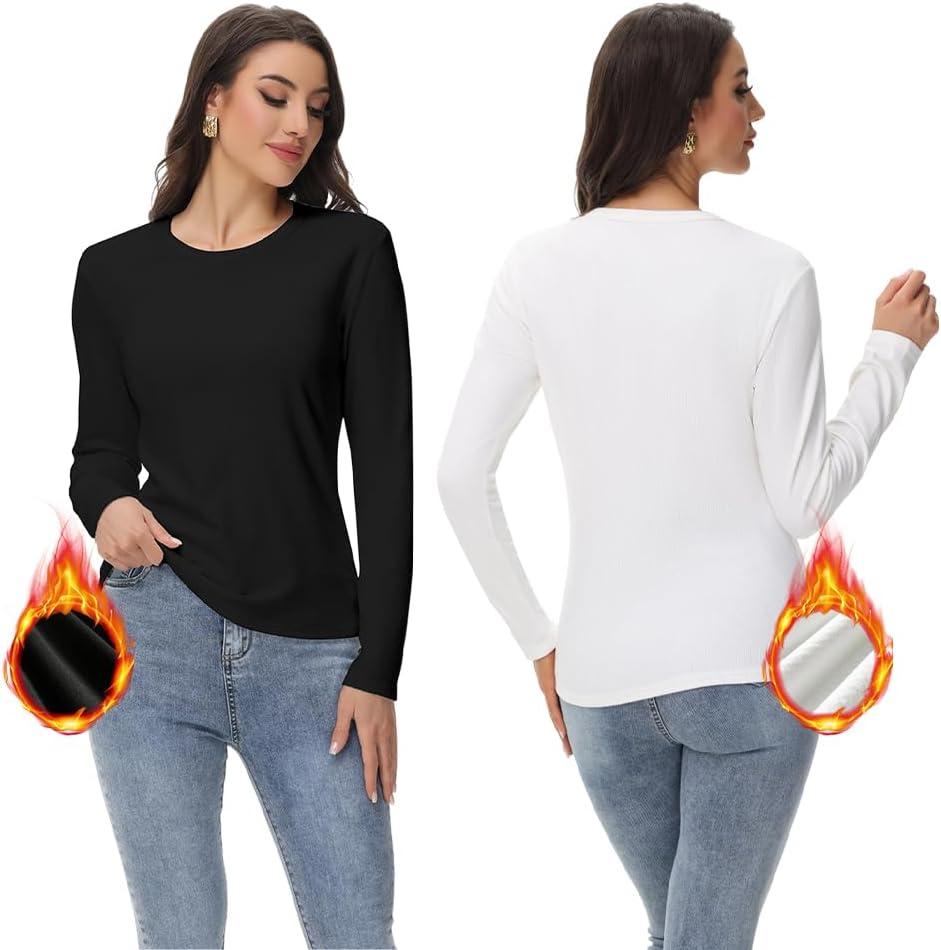 2Pcs Womens Ribbed Shirts Crewneck Fitted T-Shirts Casual Underscrubs Layer Basic TopsBlackWhite
