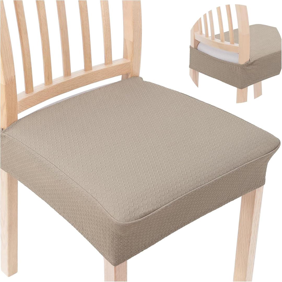 Smiry Stretch Jacquard Seat Covers for Dining Room Chairs Set of 6, Removable Washable Chair Seat Protector Slipcovers, No Rear Covers, Taupe