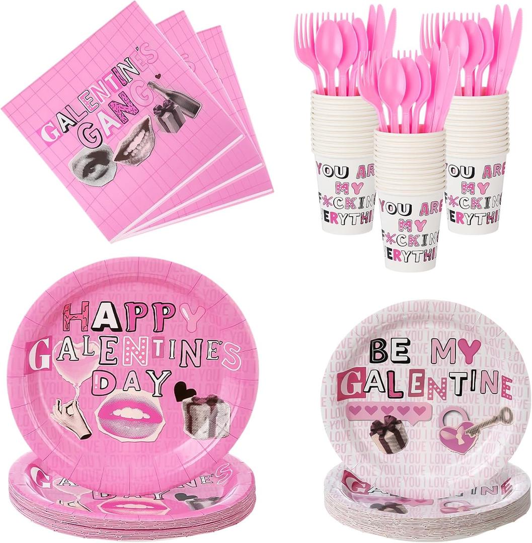 12 Set Galentine's Day Party Supplies Pink Happy Galentines Day Tableware Set Paper Plates and Cups Napkins Plastic Forks Spoons Knives for Valentine's Party Decorations
