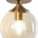 KCO Lighting Amber Glass Globe Flush Mount Ceiling Light Antique Brass Semi Flush Mount Ceiling Light Small Hallway Light Fixtures Ceiling