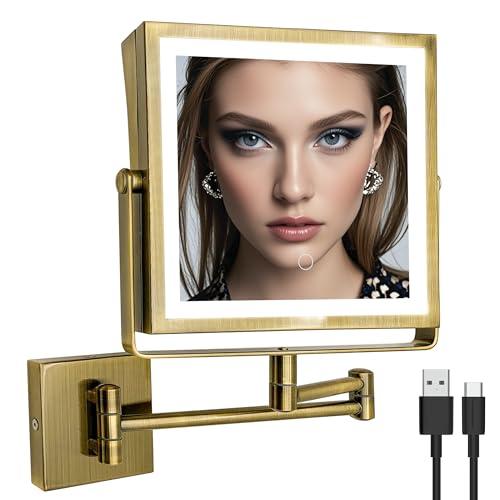 Ruacq Rechargeable Wall Mounted Makeup Mirror with Lights, Double Sided 1X/10X Magnifying Vanity Mirror with 3 Color Lights, Touch Screen Dimmable, 360° Rotation Extension Foldable Arm(Antique Brass)